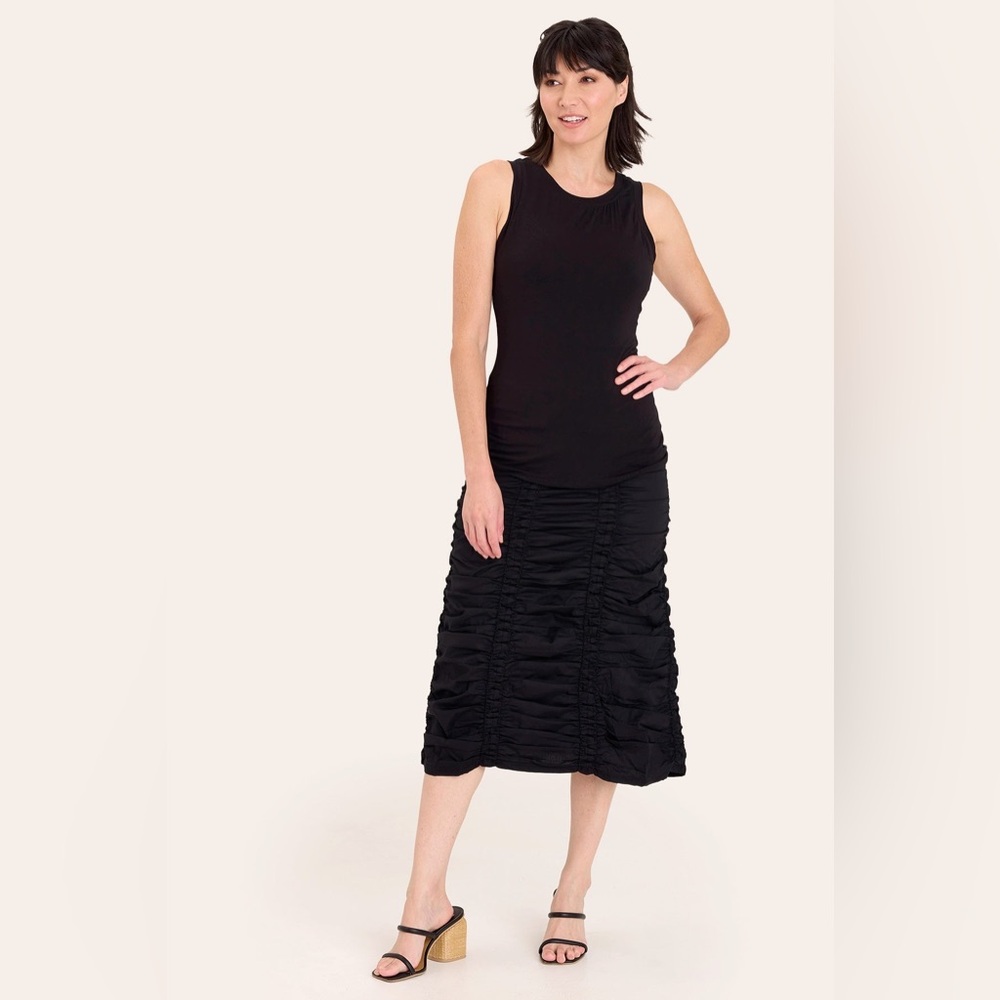 XCVI Stretch Poplin Double Shirred Panel Skirt, Black
